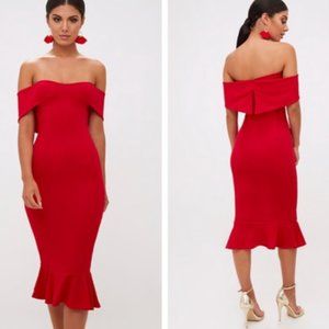 Red prettylittlething off the shoulder dress